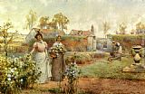 A Lady And Her Maid Picking Chrysanthemums by Alfred Glendening